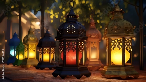 Lanterns in the night city. 3D rendering.