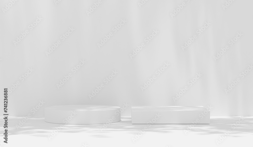 abstract white studio background with leaves natural shadows for product presentation, white pedestal copy space presentation. podium luxury summer architecture interior aesthetic.3d render abstract white studio background with leaves natural shadows for product presentation, white pedestal copy space presentation. podium luxury summer architecture interior aesthetic.3d render