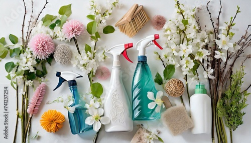 collage of spring flowers in spring, wallpaper An array of spring cleaning supplies with a fresh, natural floral motif arranged neatly on a white background An array of spring cleaning supplies with a photo