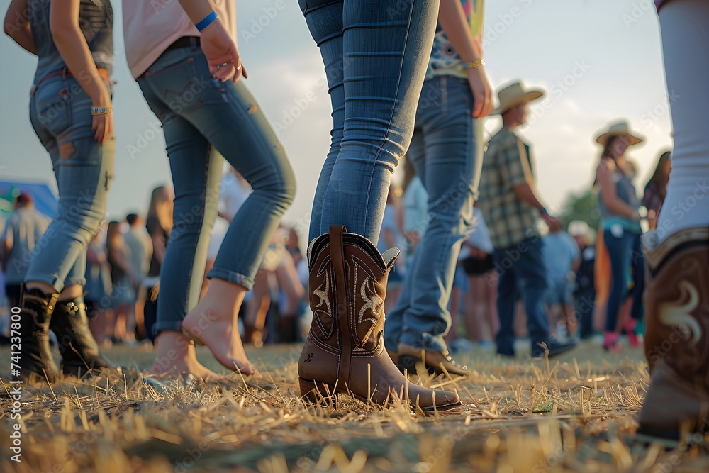 people legs on a country festival - obrazy, fototapety, plakaty 