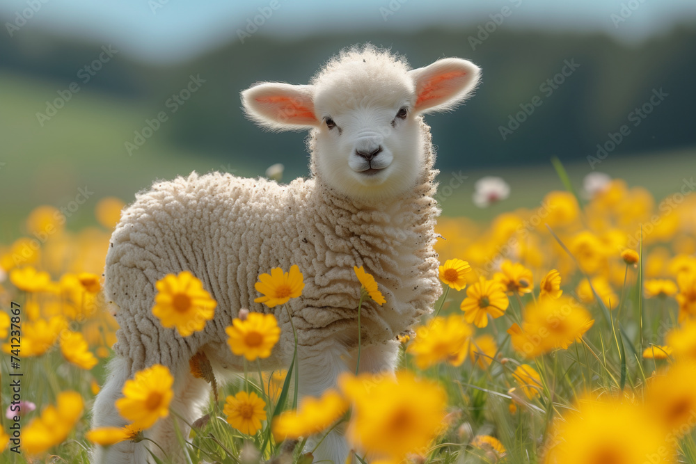 Fototapeta premium little sheep in a meadow with flowers
