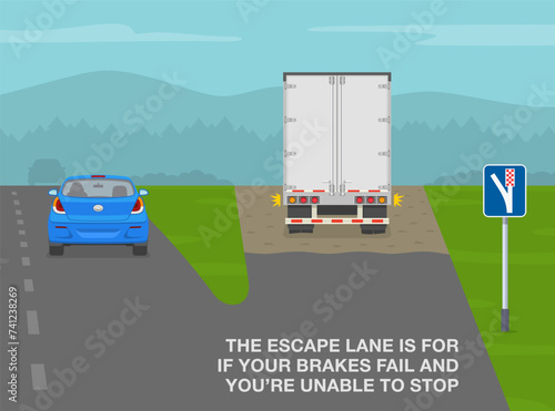 Safe car driving and traffic regulation rules. Back view of a broken down truck on escape lane. The escape lane is for if brakes fail. Flat vector illustration template.