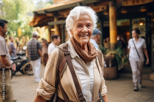 Portrait of a happy senior woman walking in the old town.