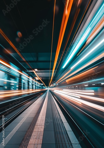 Motion blur of train as it travels through a station at night