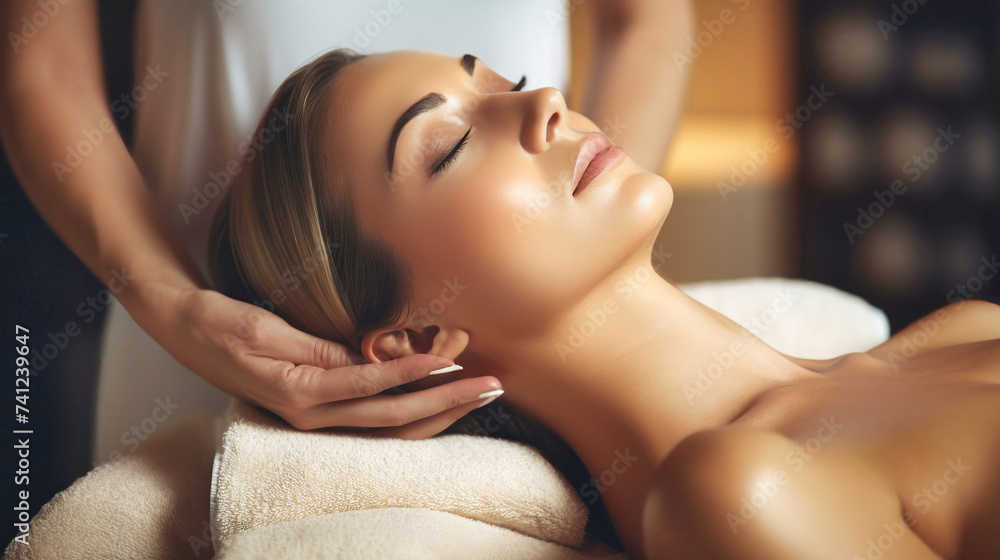 Close-up of the face of a relaxed young woman with closed eyes receiving a professional massage in a spa. A beautiful client with perfect skin is doing a massage. Healthy lifestyle concept Close-up of the face of a relaxed young woman with closed eyes receiving a professional massage in a spa. A beautiful client with perfect skin is doing a massage. Healthy lifestyle concept