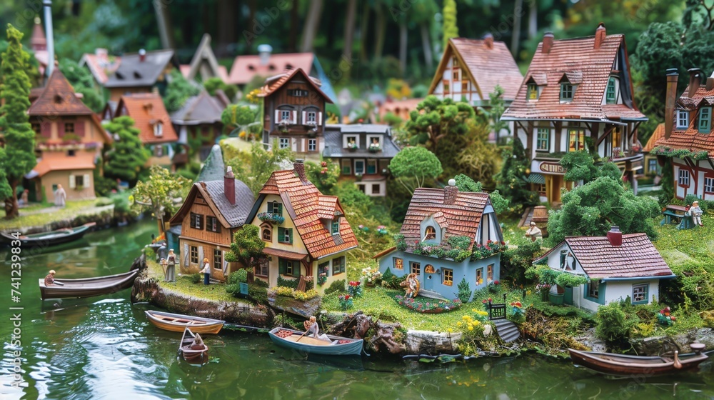Obraz premium A diorama of some houses on the bank of a river