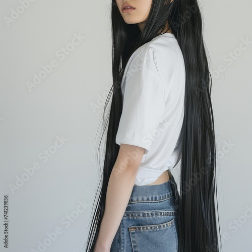 close up half body, 18 years old Japanese female model Mariko, with long black pin straight hair flowing down her back, oversized dropped-shoulder long plain white t-shirt photo