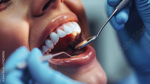 Woman Getting Teeth Checked by Dentist, Dental Examination in Progress © Anoo