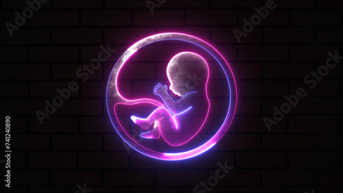 A placenta in the uterus and a futuristic child that glows blue and purple. Glowing neon embryo child icon in line style. A human baby in the womb