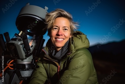 Female hiker looking through binoculars in the mountains at night