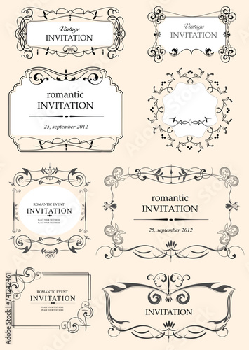 Collection of ornate vector frames and ornaments with sample text. can be used as invitation or announcement. All pieces are separate. vector illustration