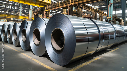 Packed rolls of steel sheet, Cold rolled steel coils in a warehouse photo