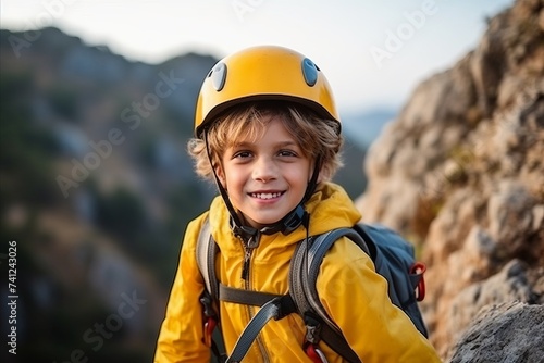 Climber boy with helmet and backpack on a mountain cliff.
