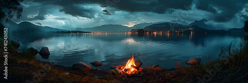  A campfire by the lake at night scene background and wall[paper 