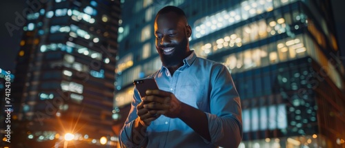 Portrait of a young man texting and using on his mobile smartphone outside on a city street. blurry background. late in the night evening. person stands in urban life. Generative AI