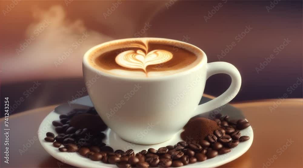 Brown coffee beans sit atop a steaming cup of espresso, enhanced with rich chocolate, creating an inviting aroma perfect for a morning break at the cafe Brown coffee beans sit atop a steaming cup of espresso, enhanced with rich chocolate, creating an inviting aroma perfect for a morning break at the cafe