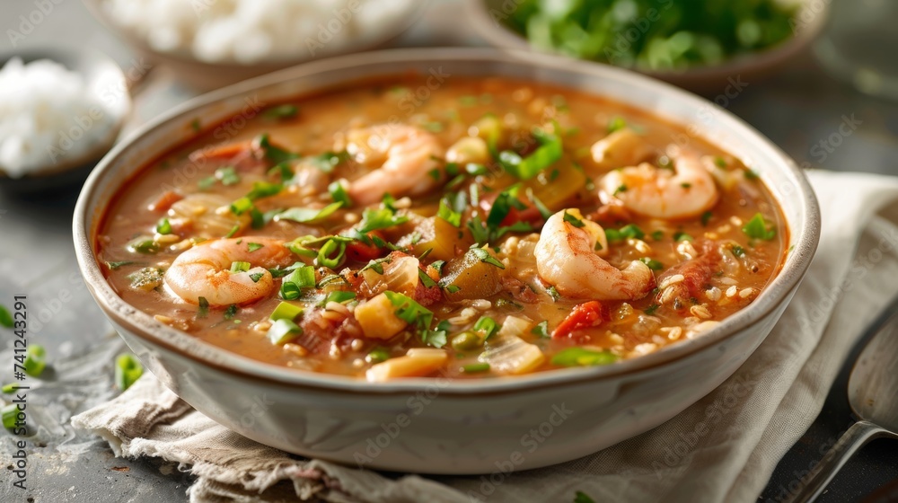 Savory Shrimp Gumbo in Bowl, Traditional Southern Cuisine, Spicy Seafood Stew with Fresh Vegetables and Rice