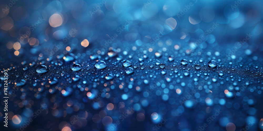 Leuchtenden blaue Wassertropfen mit Lichter Bokeh, als Hintergrundmotiv für Webdesign, ai generativ - obrazy, fototapety, plakaty 
