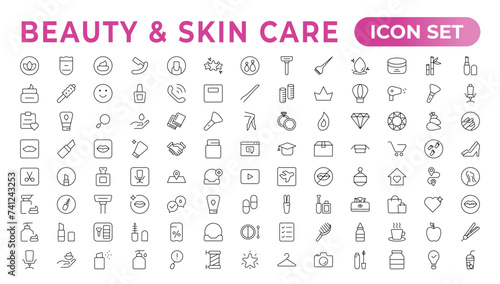 Skin care flat line icons set. Moisturizing cream, anti-age lifting face mask, SPF whitening gel. Outline signs for cosmetic product packages. Skin Care icon Contains linear outlines like Acne,