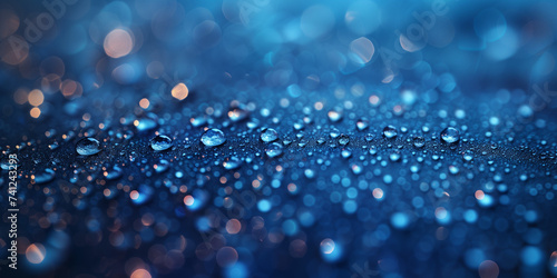 Leuchtenden blaue Wassertropfen mit Lichter Bokeh, als Hintergrundmotiv für Webdesign, ai generativ photo