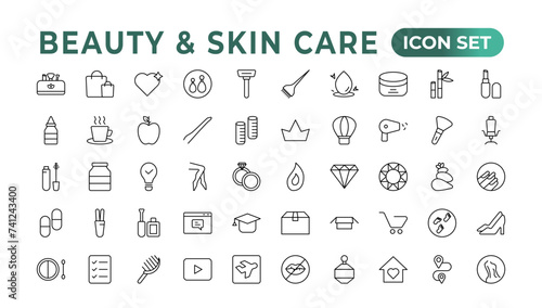 Skin care flat line icons set. Moisturizing cream, anti-age lifting face mask, SPF whitening gel. Outline signs for cosmetic product packages. Skin Care icon Contains linear outlines like Acne, photo