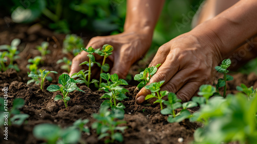 Close-up of gardener s hands nurturing young green seedlings in fertile soil  a symbol of growth and sustainable agriculture.