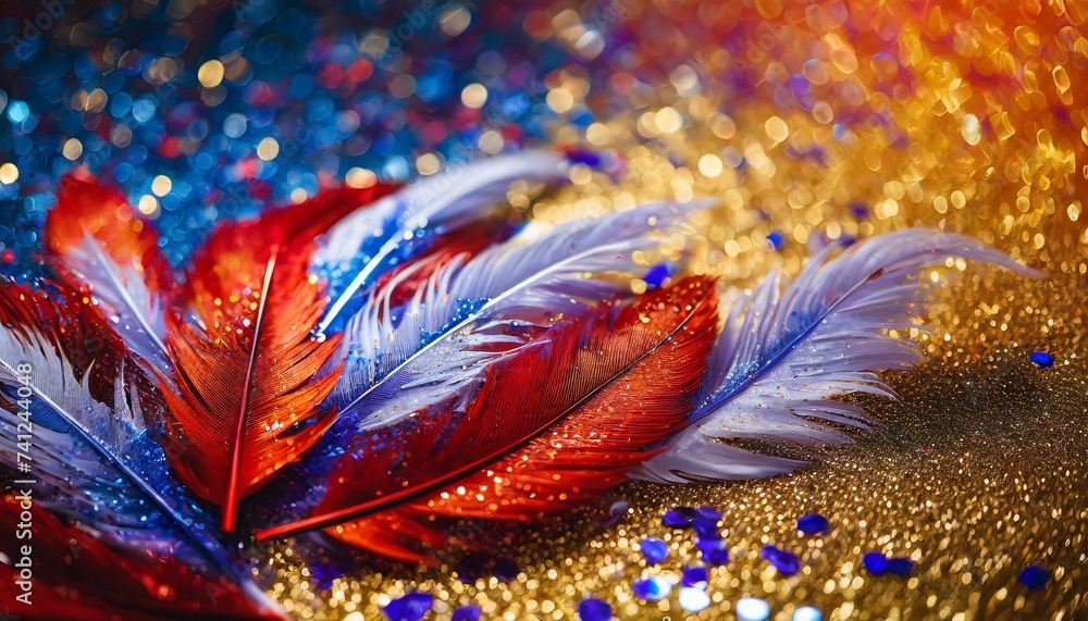 red and blue feathers, Abstract patriotic red white and blue glitter sparkle background for voting and election, Feathers on a golden, purple background with copy space