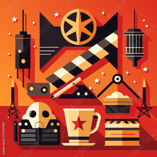 Vector illustration of iconic movie props arranged in a composition. vektor illustation