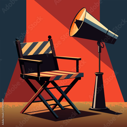 Silhouette of a director's chair with a megaphone and clapboard. vektor illustation