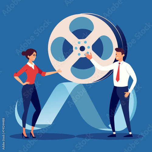 Cartoonish film reel characters interacting with each other. vektor illustation