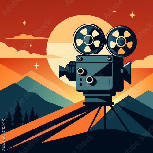 Silhouette of a movie camera with film reels spinning inside. vektor illustation