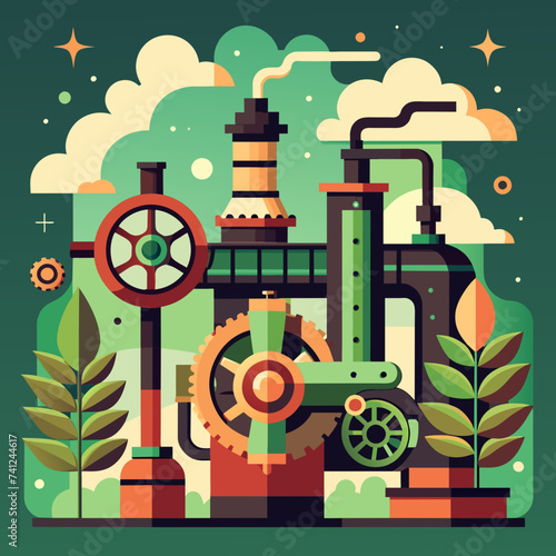 Steampunk machinery intertwined with organic elements. vektor illustation