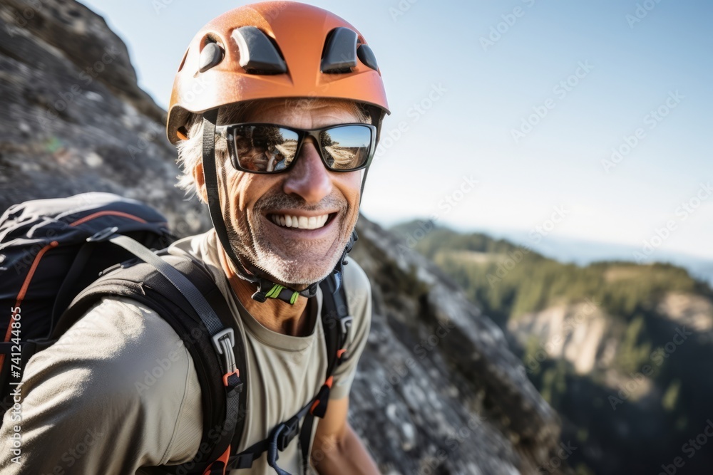 Portrait of a smiling senior man in helmet and glasses standing on top of a mountain. Portrait of a smiling senior man in helmet and glasses standing on top of a mountain.
