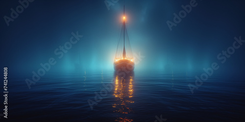 Segelschiff auf dem ruhigen Meer in der Nacht mit schöner Beleuchtung, ai generativ photo