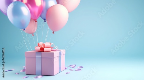 Top view of blue gift box and colorful balloons on pastel pink background birthday concept