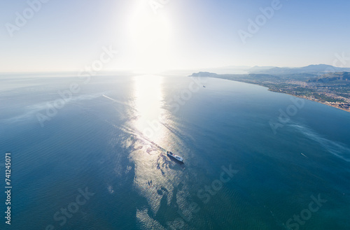 Palermo, Sicily, Italy. Coast in the city with ships. Sunny summer day. Aerial view