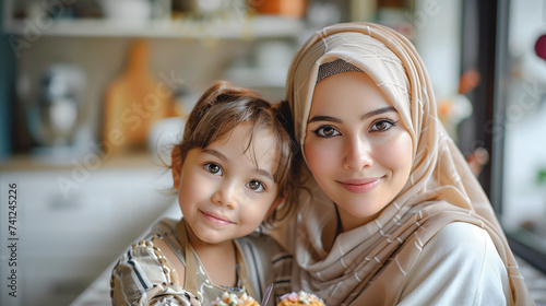 Smilling mom wear hijab and child enjoy love relation cudding hobby moment in kitchen sunday morning at home.