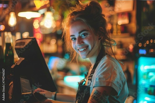 Cheerful young woman cashier is working in cafe