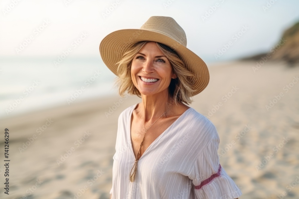 Portrait of happy mature woman in straw hat on beach at sunrise