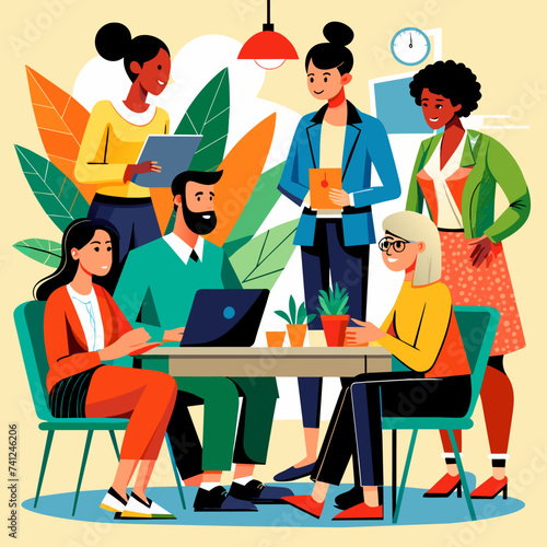 Businessmen and Businesswomen Team at Office Meeting: Fostering Innovation and Collaboration in Teamwork - Business Vector Illustration