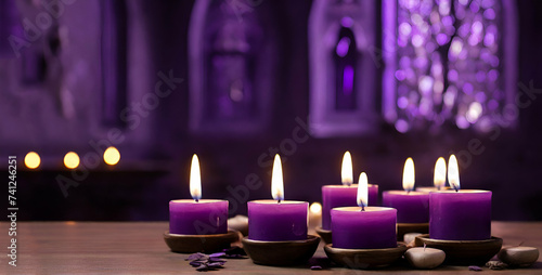 A lot of magic purple and velvet violet  candles burn on the  parpal background ai generative