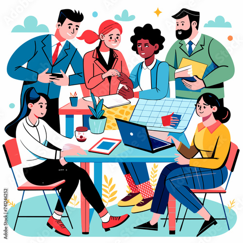 Businessmen and Businesswomen Team at Office Meeting: Fostering Innovation and Collaboration in Teamwork - Business Vector Illustration