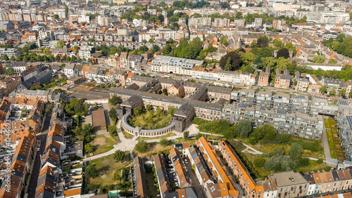 Ghent, Belgium. Binnentuin Lousbergpark - garden. Panorama of the central city from the air. Cloudy weather, summer day, Aerial View