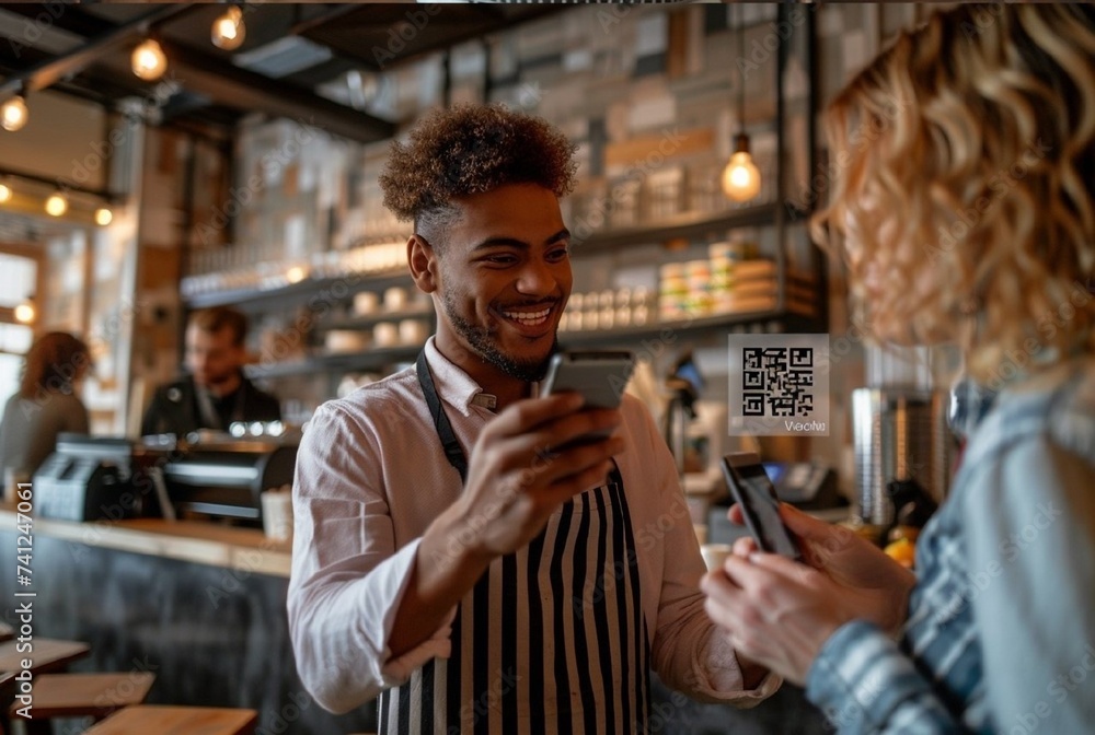 Happy beautiful waiter having fun while talking to his guests scan QR code with smartphone in a coffee shop - obrazy, fototapety, plakaty 