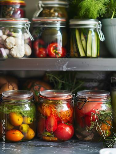 Homemade canned vegetables in glass jars on a shelf in the kitchen photo