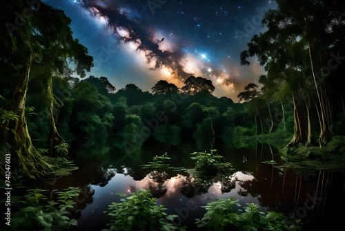 Amidst the lush greenery of the Amazon, the river winds gracefully, mirroring the galactic spectacle overhead. © Mehram