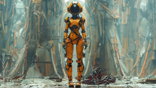 Roboter Frau in bunten leuchtenden Outfit mit fantasievollen Hintergrund, ai generativ