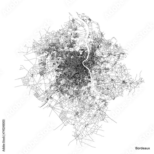 Bordeaux city map with roads and streets, France. Vector outline illustration.
