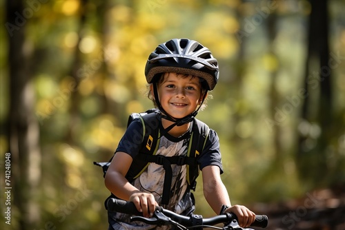 Little boy in helmet riding bicycle in autumn forest. Sport and healthy lifestyle.
