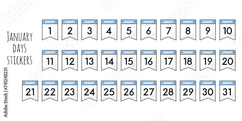 Set of small sticker flags with date and month. Days of January. Minimalistic calendar elements. Planning and marking date of the event. Elements for design of posters. Isolated on white background. photo